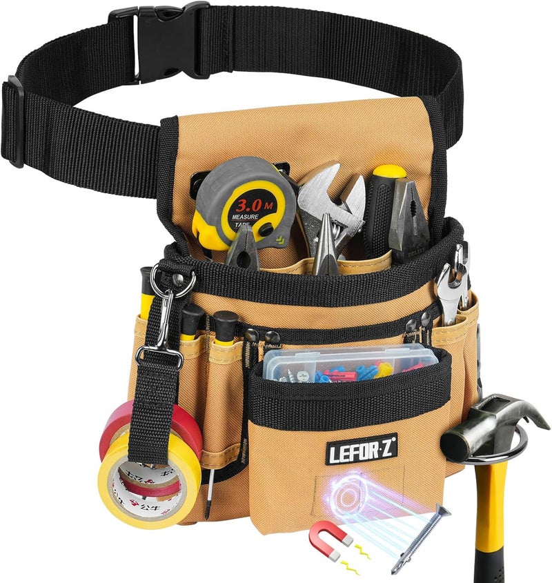 LEFORZ Tool Belt,Magnetic Tool Pouch,14-Pockets Tool Belts for Men,Detachable & Adjustable Tool Pouch belt for Electrician,Carpenter,Construction,Work Apron,Utility Belt,Black-Brown - Image 1